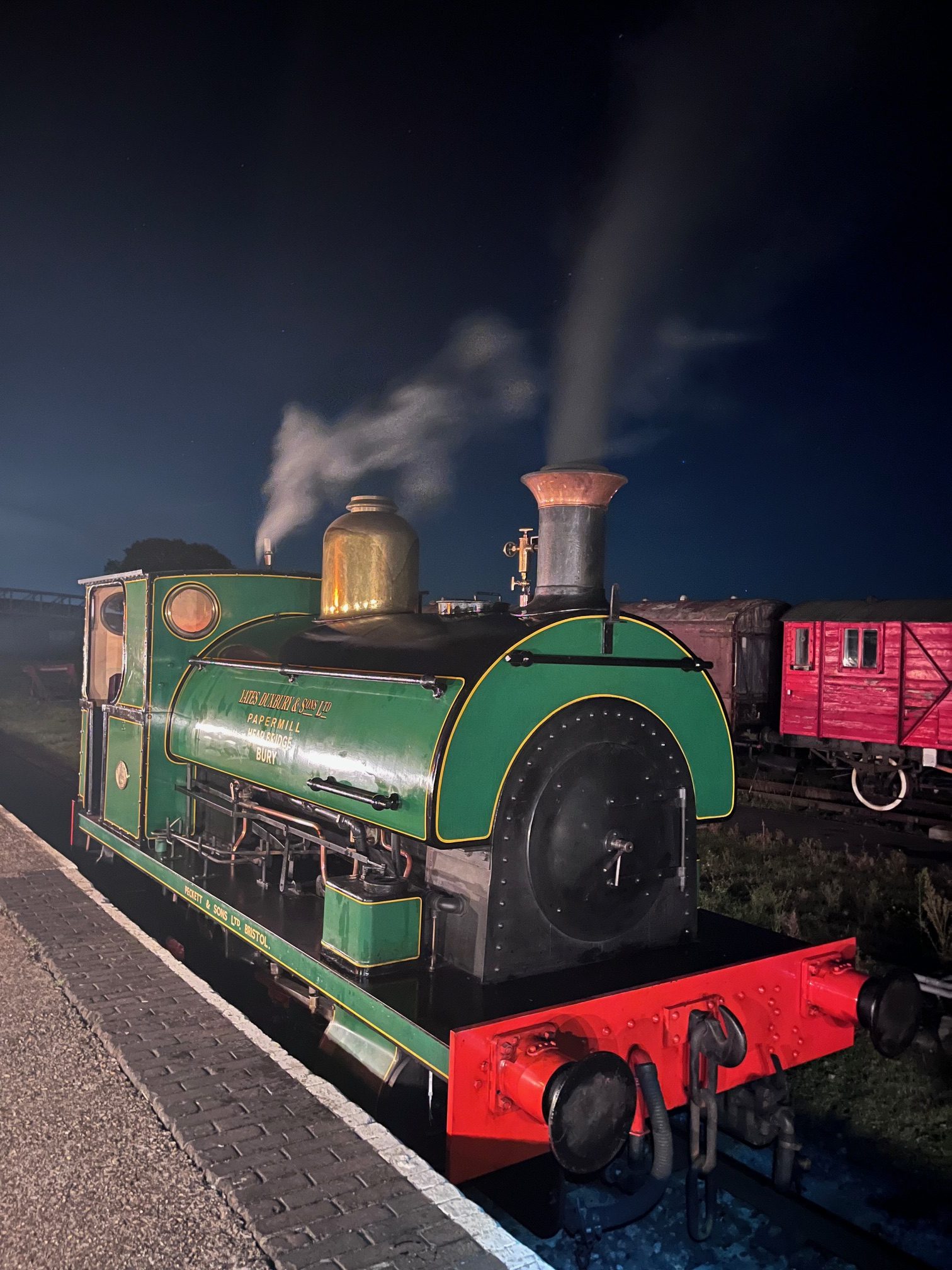 Buckinghamshire Railway Centre's Peckett 1370 'May' at night time.